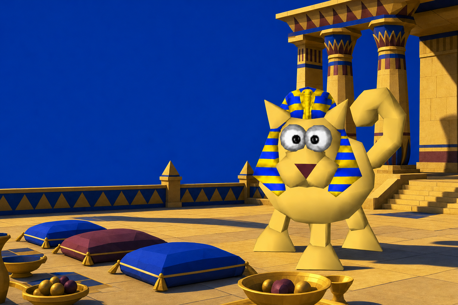 Pharaoh Cat standing in a sunlit Egyptian courtyard beside painted columns, cushions and bowls of tribute